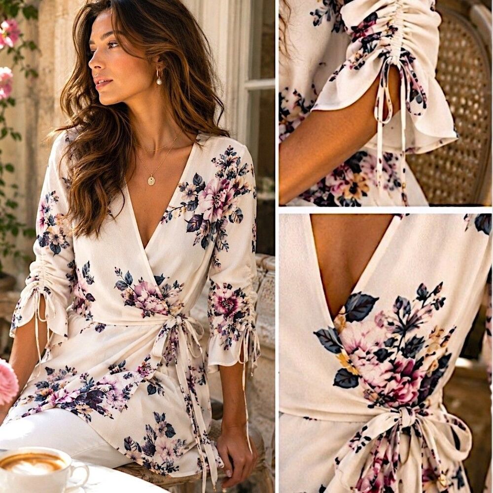 Coquette L White Romantic Floral Wrap Tunic Blouse Ruched Tie Sleeve Cottagecore